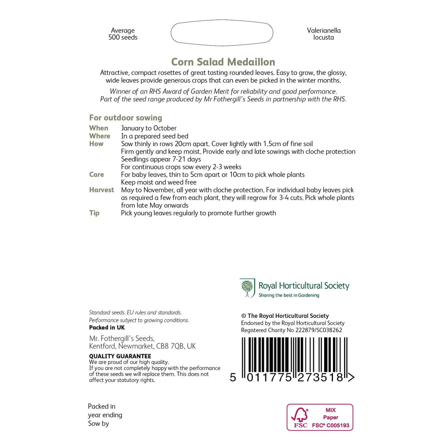 RHS Corn Salad Medaillon Seeds - Image 2