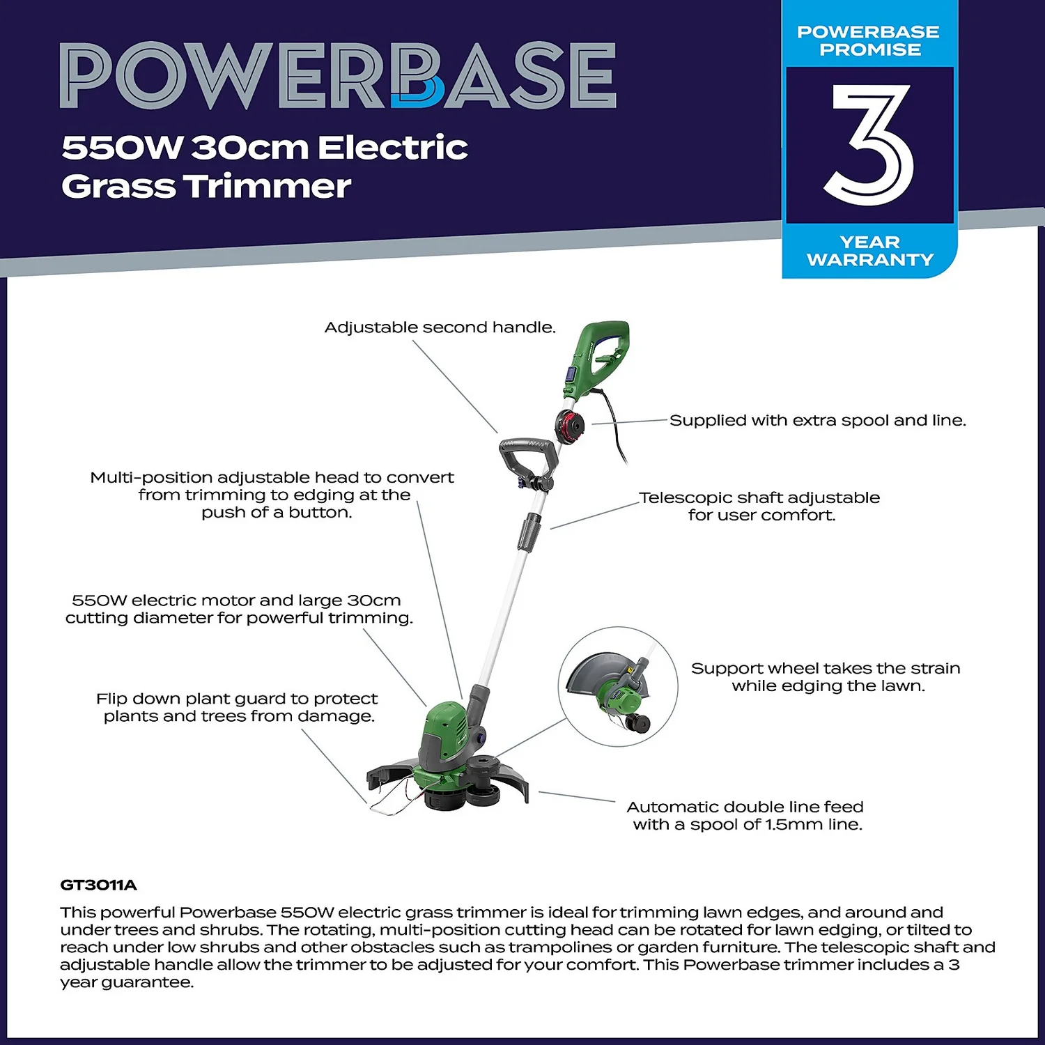 Powerbase 550W Electric Grass Trimmer - 30cm - Image 2