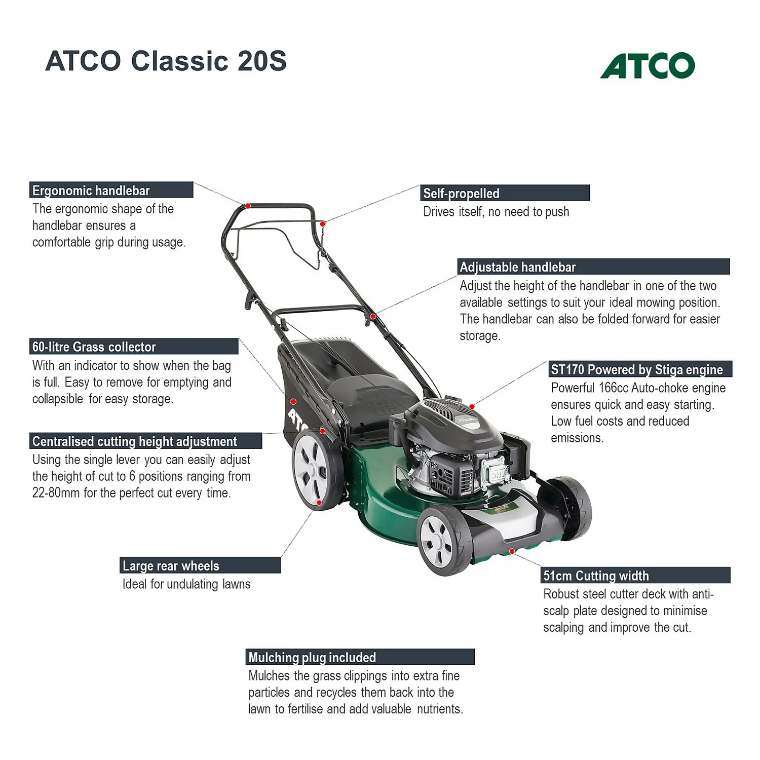 Atco 166cc Classic 20S Petrol Lawn Mower- 51cm - Image 3