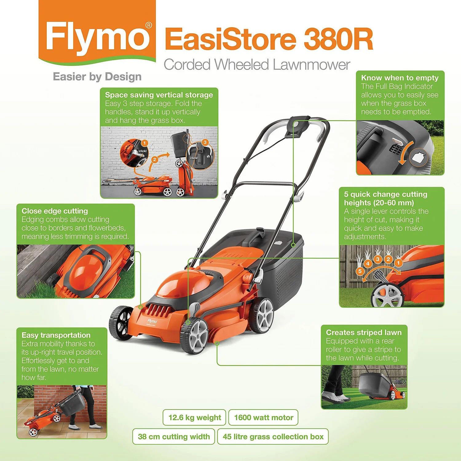 Flymo 1600W EasiStore 380R Electric Lawn Mower - 38cm - Image 3