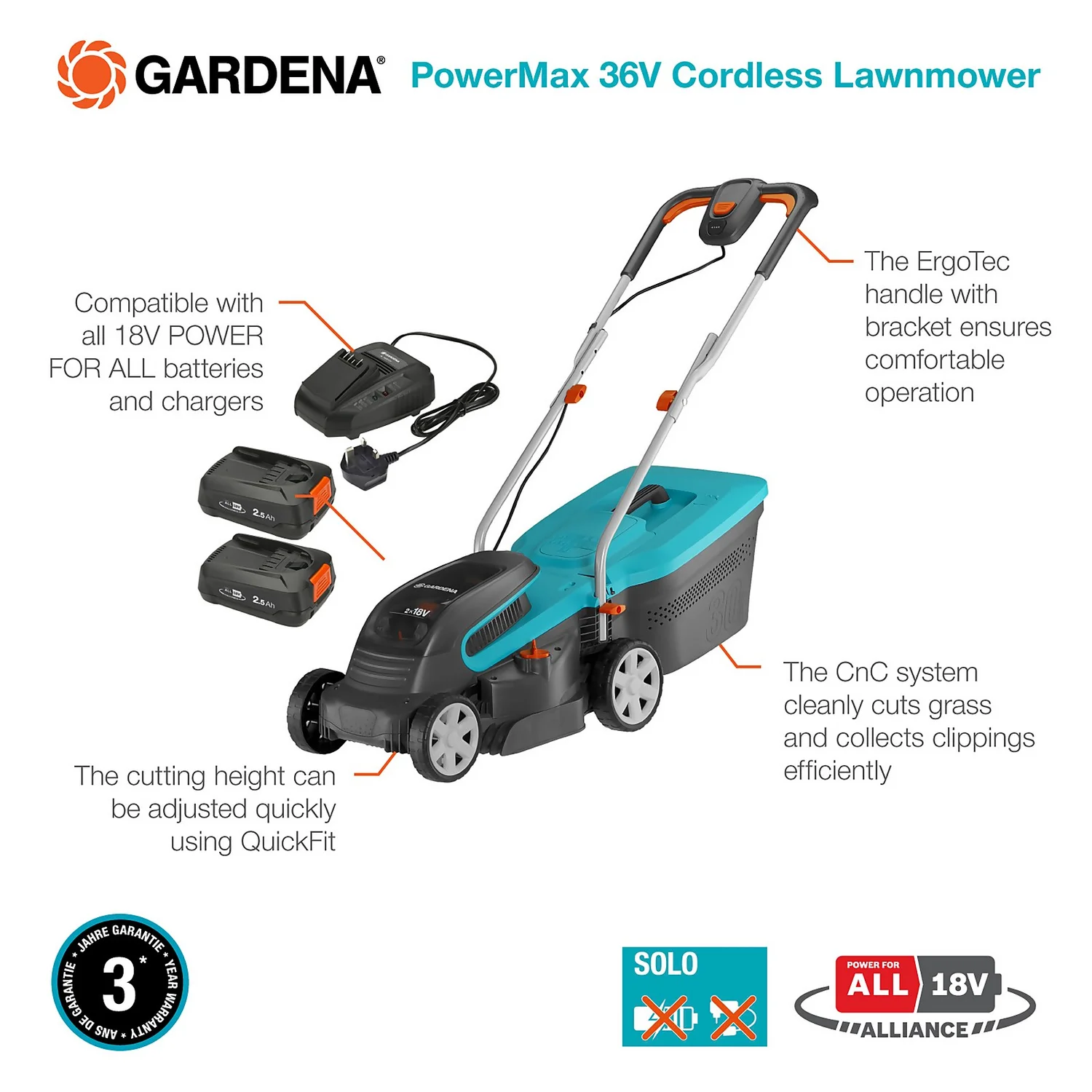 GARDENA 36V PowerMax Cordless Lawn Mower - 32cm - Image 3