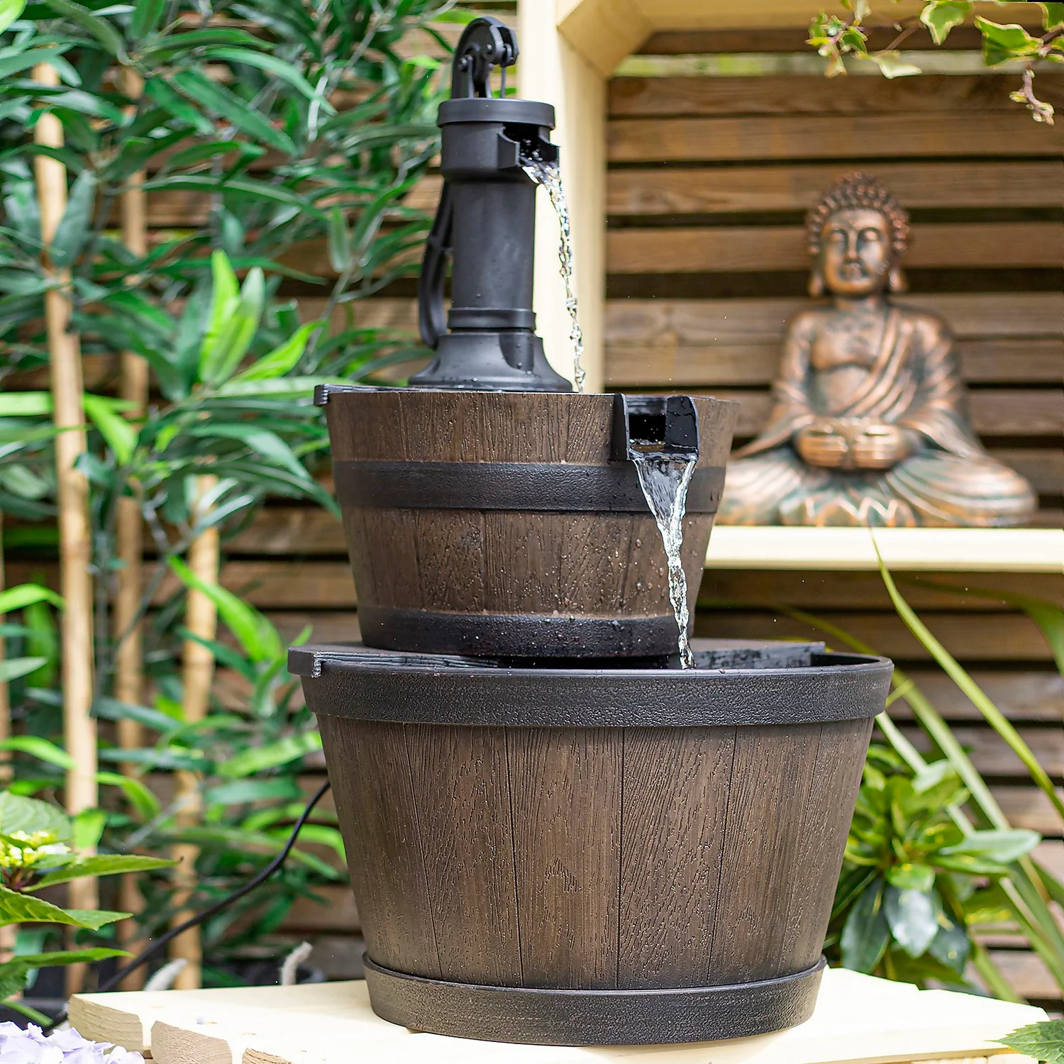 Stylish Fountain Whiskey Barrels Garden Water Feature - Image 2