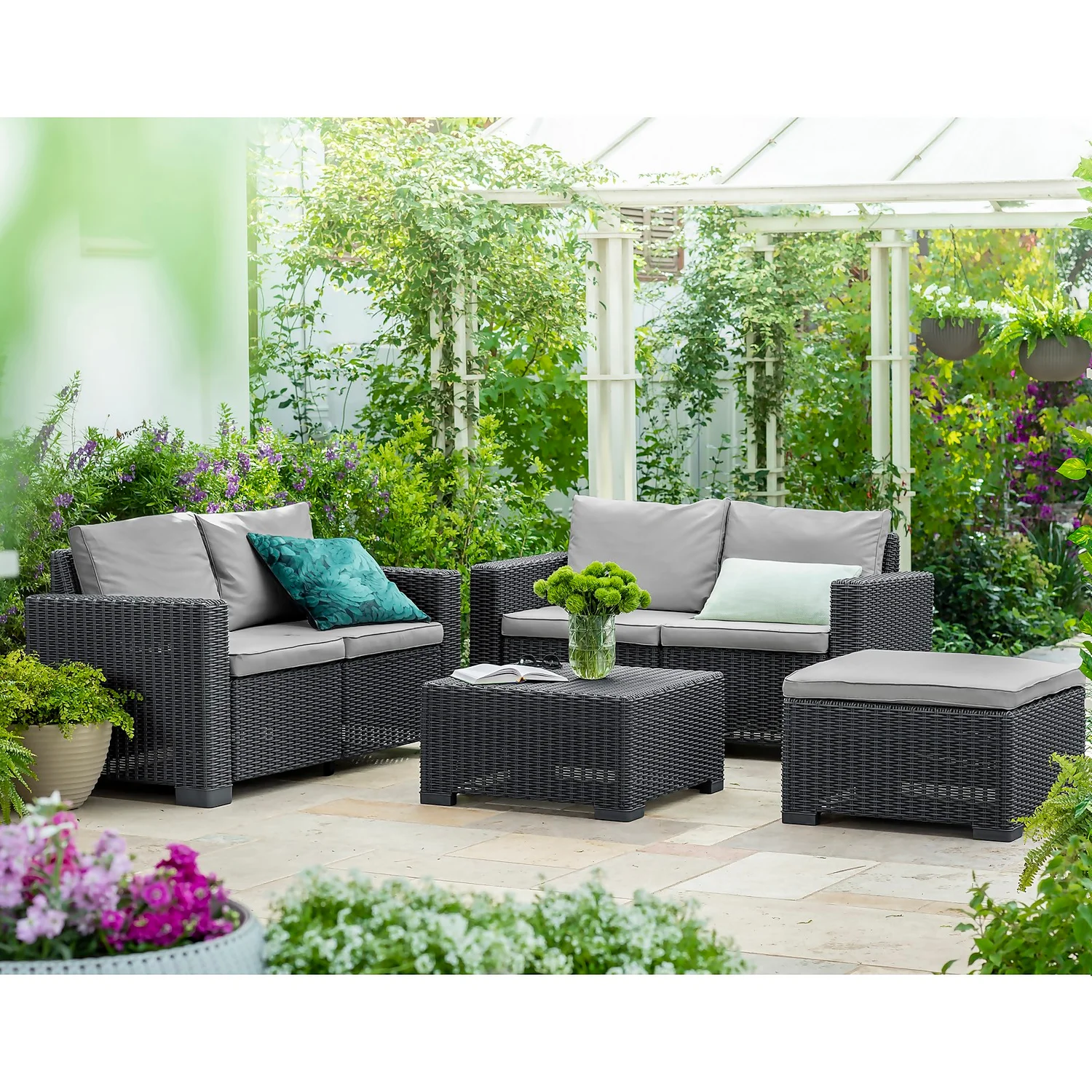 Keter California 5 Seater Double Sofa Outdoor Garden Furniture Lounge Set - Graphite With Grey Cushions - Image 2